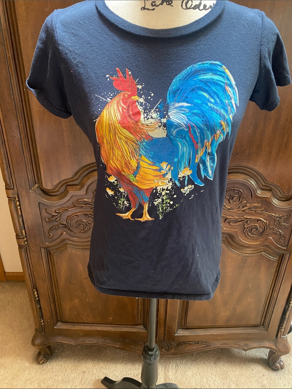 Kids Navy Rooster Graphic Tee - Colorful Rooster Print